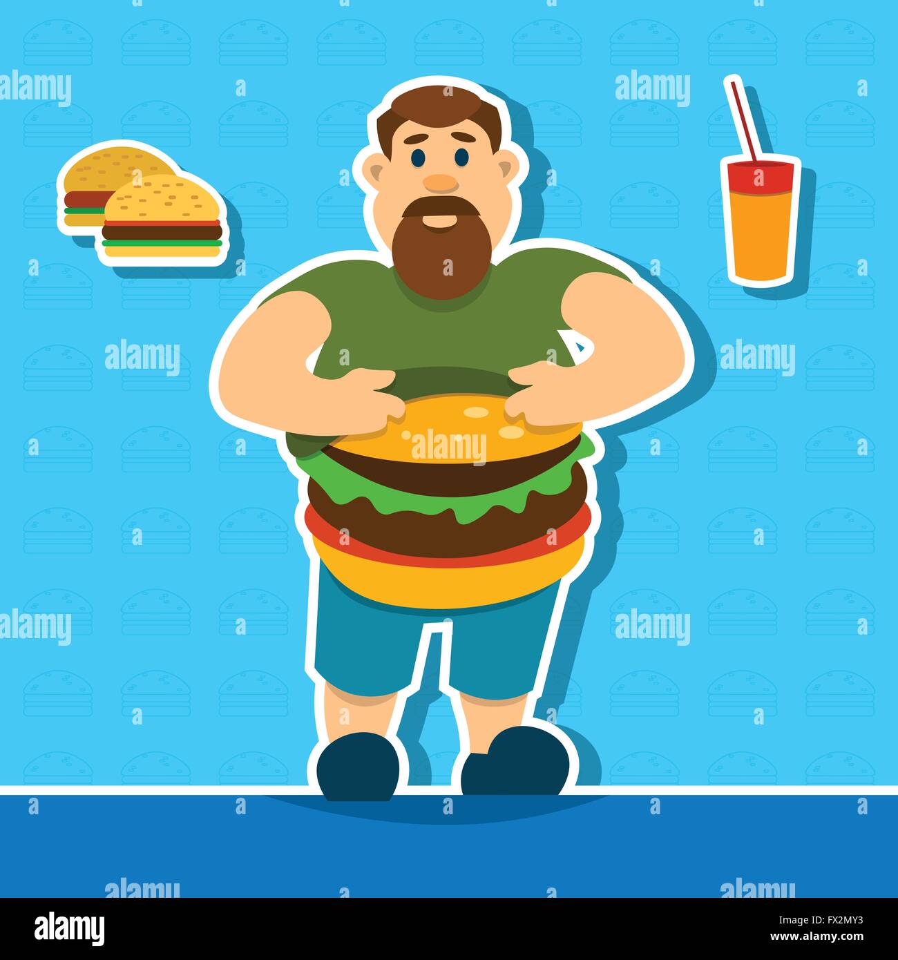 Fat Man With Big Abdomen Hamburger Junk Fast Food Stock Vector