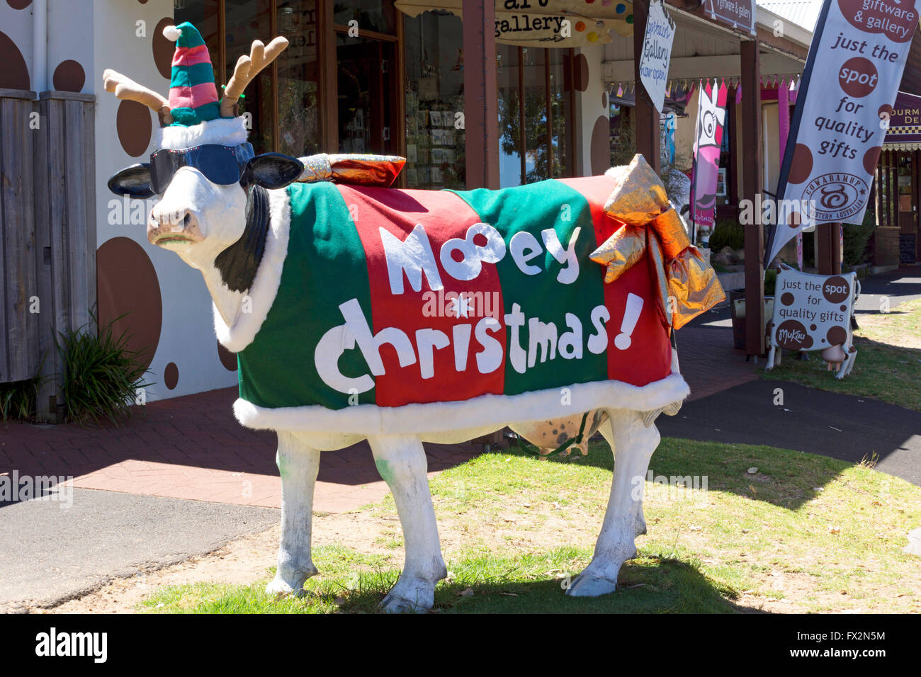 A festively adorned fibreglass cow outside a shop in Cowarumup, near  Margaret River, Western Australia Stock Photo - Alamy