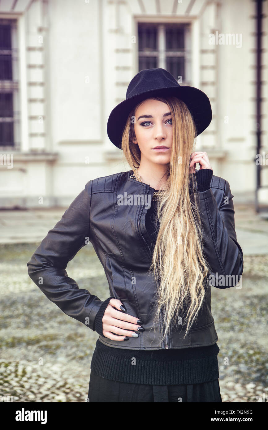 Blonde woman in leather hi-res stock photography and images - Alamy