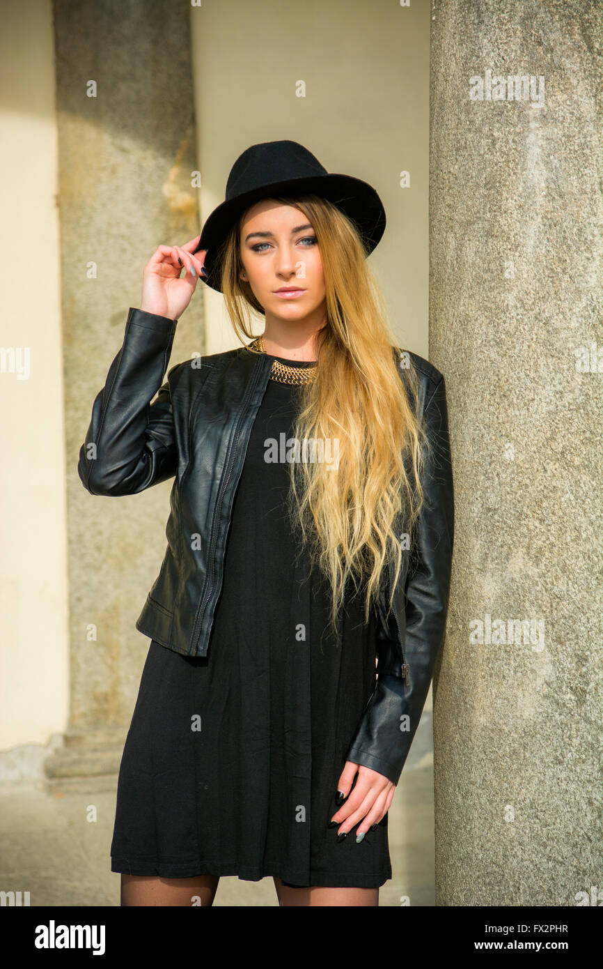 Blonde in leather jacket hi-res stock photography and images - Alamy