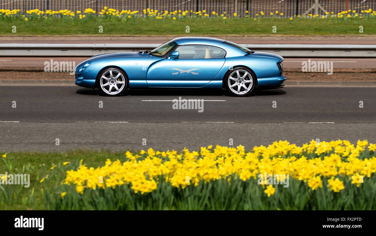 A luxurious TVR Ecosse supercar travelling along the Kingsway West