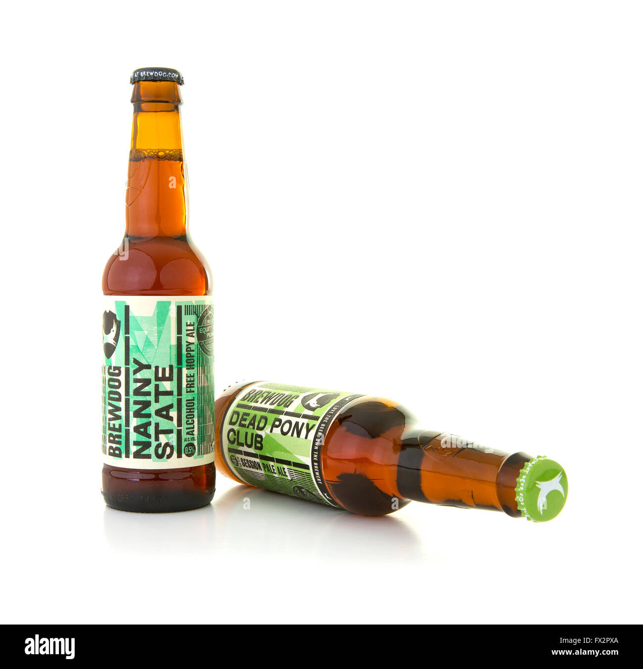 Brewdog Nanny State and Dead Pony Club bottled beers on a white background with copy space Stock Photo