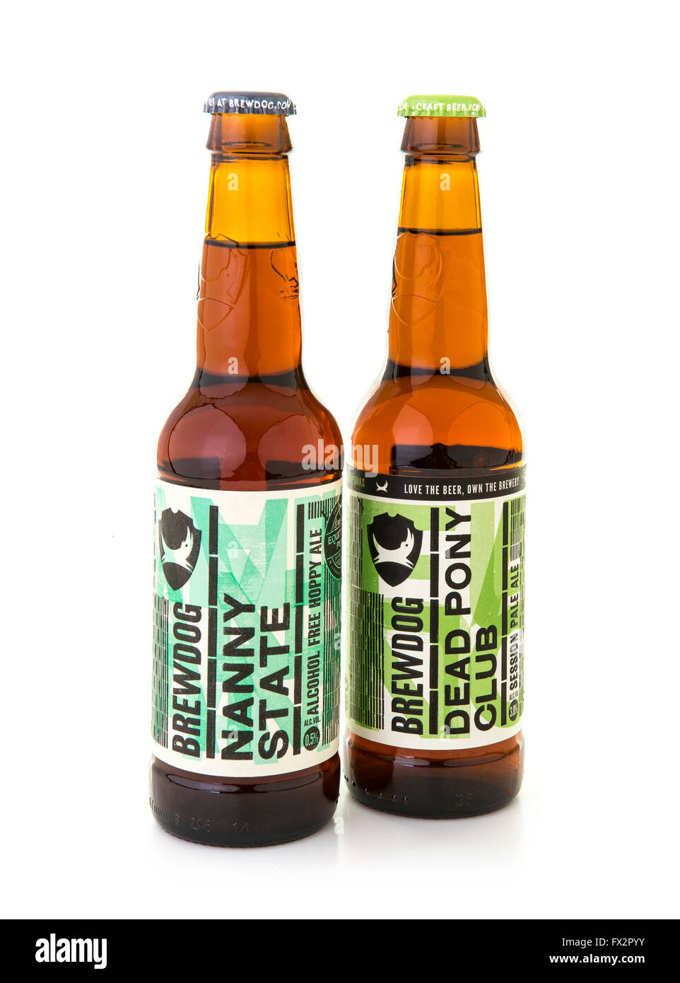Brewdog Nanny State and Dead Pony Club bottled beers on a white background Stock Photo