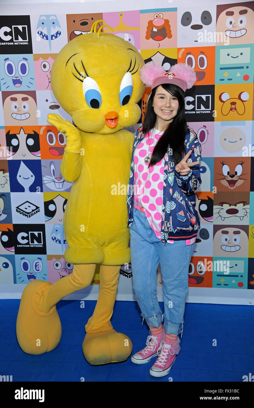 Munich, Germany. 10th Apr, 2016. German singer Jamie-Lee Kriewitz (R) poses  next to cartoon character Tweety upon her arrival at Fun Day, the  celebrations marking the 10th anniversary of the children's and