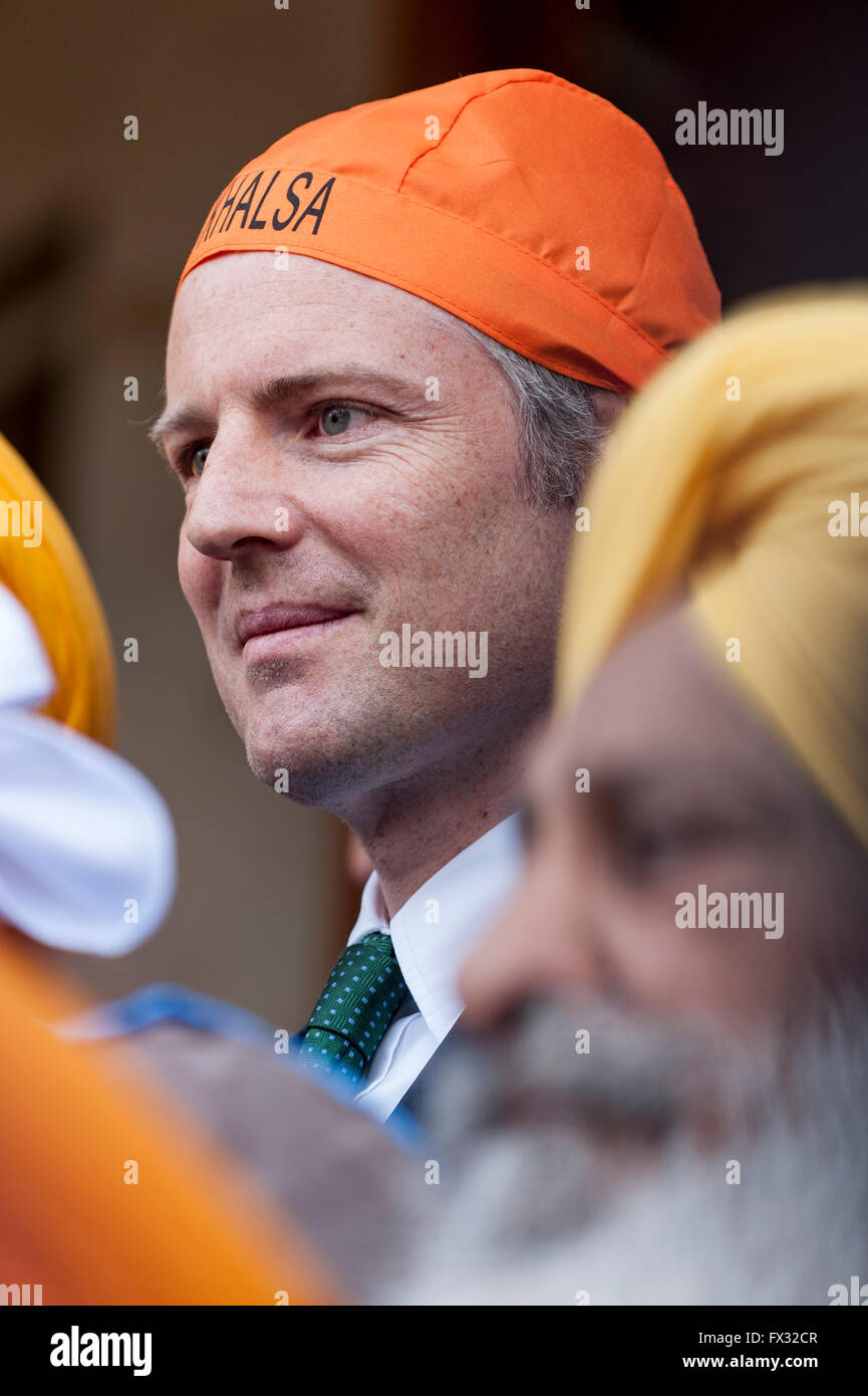 London, UK.  10 April 2016.  Zac Goldsmith MP, Conservative candidate for Mayor of London, visits Gurdwara Sri Guru Singh Sabha temple at the start of the Vaisakhi festival in Southall, west London.  Thousands of Sikhs enjoy the event which celebrates the Sikh New Year and harvest festival.  Credit:  Stephen Chung / Alamy Live News Stock Photo