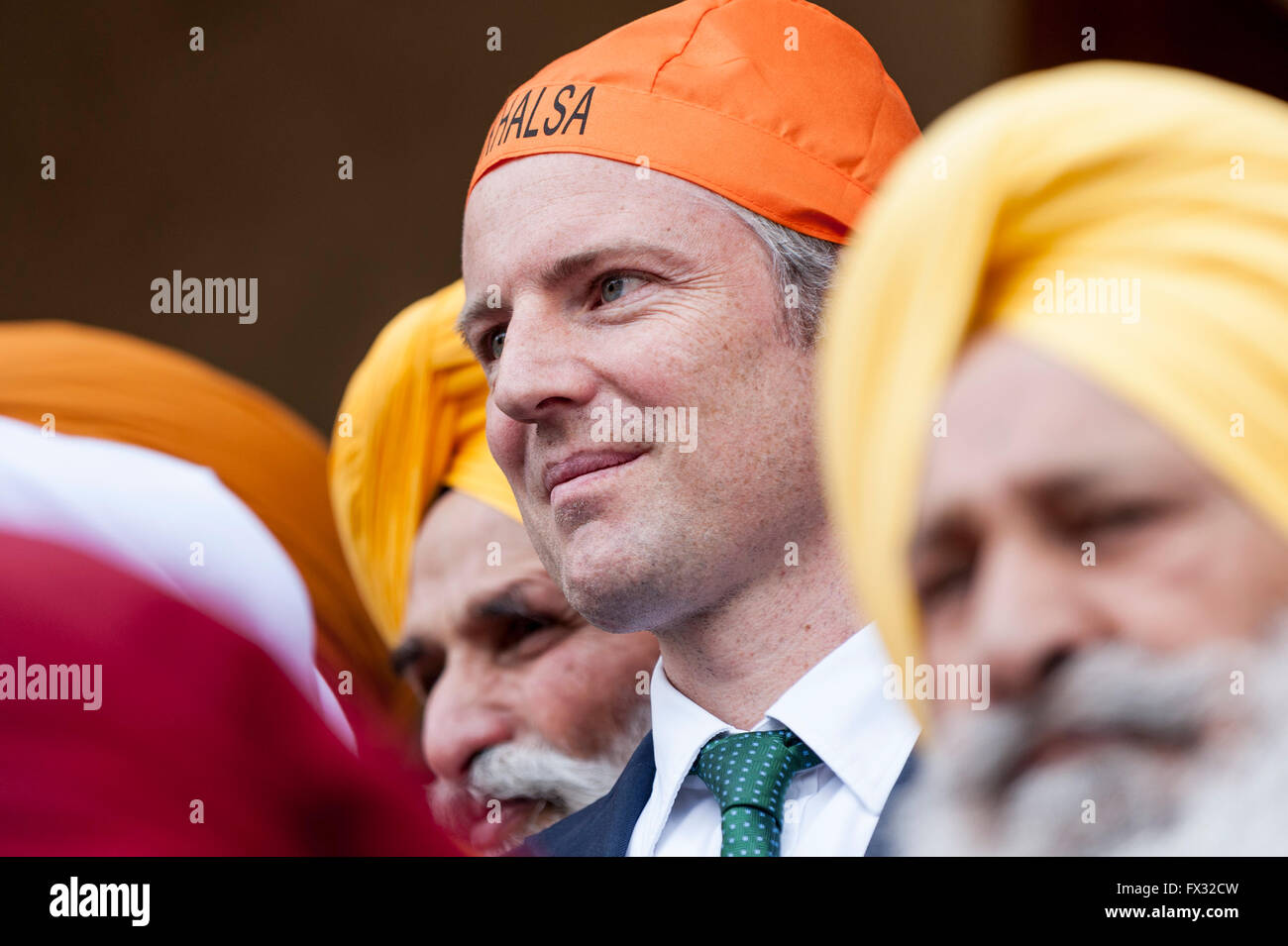 London, UK.  10 April 2016.  Zac Goldsmith MP, Conservative candidate for Mayor of London, visits Gurdwara Sri Guru Singh Sabha temple at the start of the Vaisakhi festival in Southall, west London.  Thousands of Sikhs enjoy the event which celebrates the Sikh New Year and harvest festival.  Credit:  Stephen Chung / Alamy Live News Stock Photo