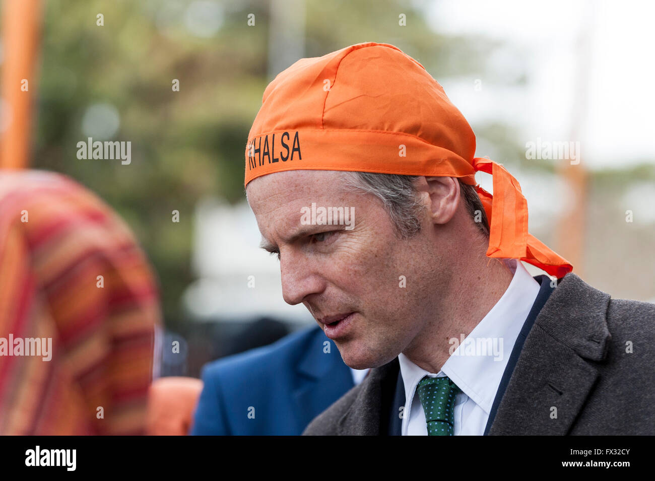 London, UK.  10 April 2016.  Zac Goldsmith MP, Conservative candidate for Mayor of London, visits Gurdwara Sri Guru Singh Sabha temple at the start of the Vaisakhi festival in Southall, west London.  Thousands of Sikhs enjoy the event which celebrates the Sikh New Year and harvest festival.  Credit:  Stephen Chung / Alamy Live News Stock Photo