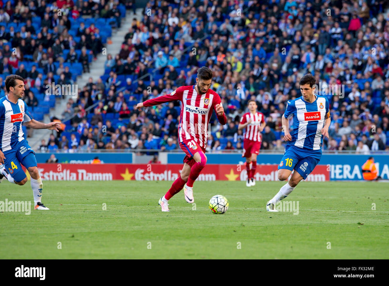 Barcelona, Spain. 9th April, 2016. Yannick Ferreira Carrasco plays at the La Liga match between RCD Espanyol and Atletico de Madrid at the Powerade Stadium on April 9, 2016 in Barcelonal, Spain. Credit:  Christian Bertrand/Alamy Live News Stock Photo