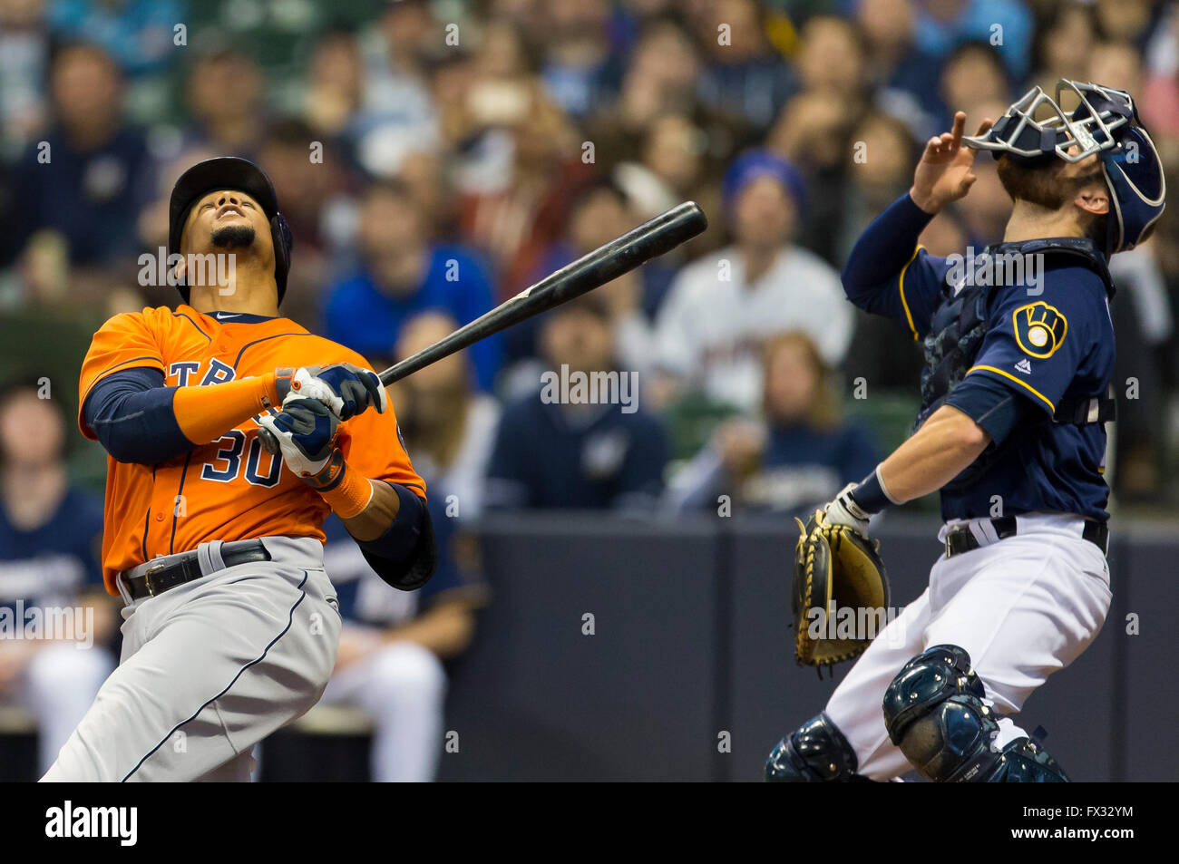 Milwaukee, WI, USA. 9th Apr, 2016. Milwaukee Brewers catcher Jonathan Lucroy  #20 during the Major League Baseball game between the Milwaukee Brewers and  the Houston Astros at Miller Park in Milwaukee, WI.