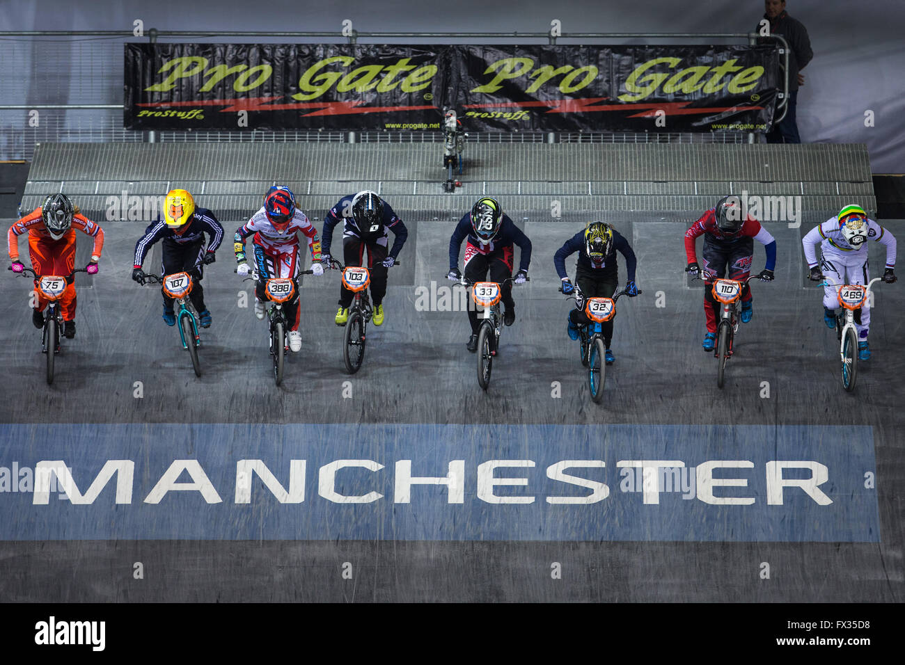 National Cycling Centre, Manchester, UK. 10th Apr, 2016. UCI BMX Supercross World Cup Finals. Merle Van Benthem, Bethany Shriever, Judy Baauw, Laetitia Le Corguille, Danielle George, Brooke Crain, Laura Smulders and Stefany Hernandez lines in un the semi final. Credit:  Action Plus Sports/Alamy Live News Stock Photo