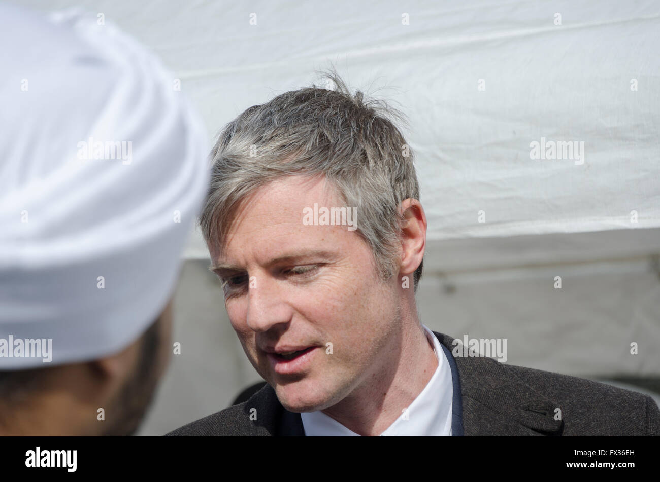 London, UK.  10 April 2016  Zac Goldsmith, Conservative candidate for Mayor of London, visits Southall and the Gurdwara Sri Guru Singh Sabha temple at the start of the Vaisakhi festival in Southall, west London. Tens of thousands of people took part in the procession from the Sri Guru Singh Sabha Gurdwara to celebrate Vaisakhi, the harvest festival.  Credit:  Ilyas Ayub/ Alamy Live News Stock Photo