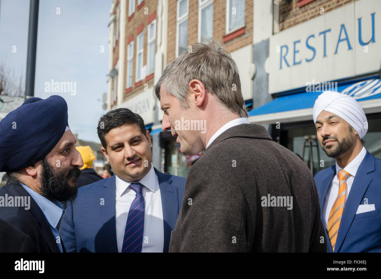 London, UK.  10 April 2016  Zac Goldsmith, Conservative candidate for Mayor of London, visits Southall and the Gurdwara Sri Guru Singh Sabha temple at the start of the Vaisakhi festival in Southall, west London. Tens of thousands of people took part in the procession from the Sri Guru Singh Sabha Gurdwara to celebrate Vaisakhi, the harvest festival.  Credit:  Ilyas Ayub/ Alamy Live News Stock Photo