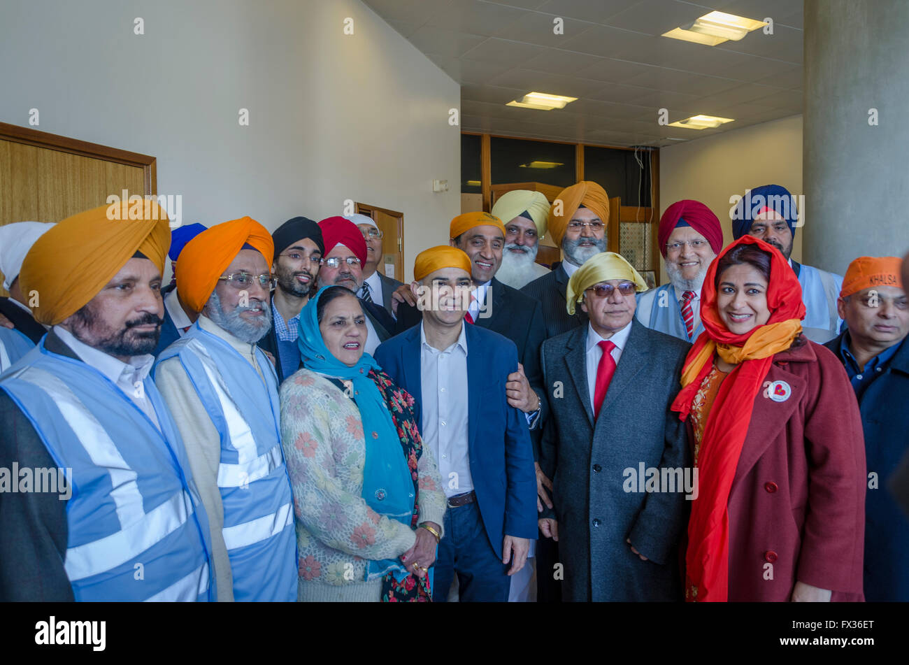 London, UK.  10 April 2016  Sadiq Khan MP, Labour candidate for Mayor of London, visits Southall and the Gurdwara Sri Guru Singh Sabha temple at the start of the Vaisakhi festival in Southall, west London. Tens of thousands of people took part in the procession from the Sri Guru Singh Sabha Gurdwara to celebrate Vaisakhi, the harvest festival.  Credit:  Ilyas Ayub/ Alamy Live News Stock Photo