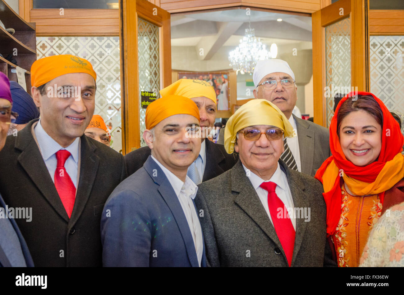 London, UK.  10 April 2016  Sadiq Khan MP, Labour candidate for Mayor of London, visits Southall and the Gurdwara Sri Guru Singh Sabha temple at the start of the Vaisakhi festival in Southall, west London. Tens of thousands of people took part in the procession from the Sri Guru Singh Sabha Gurdwara to celebrate Vaisakhi, the harvest festival.  Credit:  Ilyas Ayub/ Alamy Live News Stock Photo