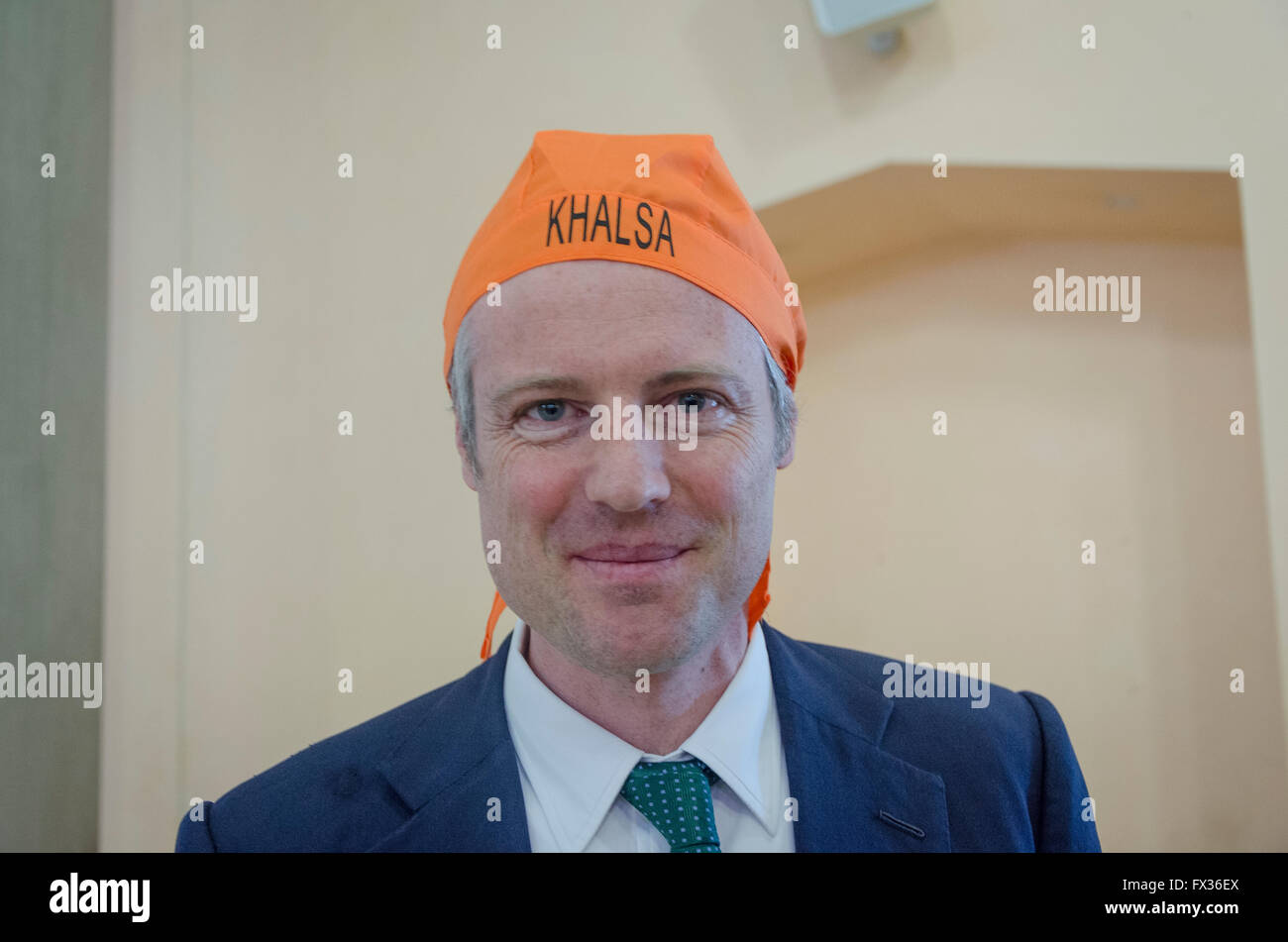 London, UK.  10 April 2016  Zac Goldsmith, Conservative candidate for Mayor of London, visits Southall and the Gurdwara Sri Guru Singh Sabha temple at the start of the Vaisakhi festival in Southall, west London. Tens of thousands of people took part in the procession from the Sri Guru Singh Sabha Gurdwara to celebrate Vaisakhi, the harvest festival.  Credit:  Ilyas Ayub/ Alamy Live News Stock Photo