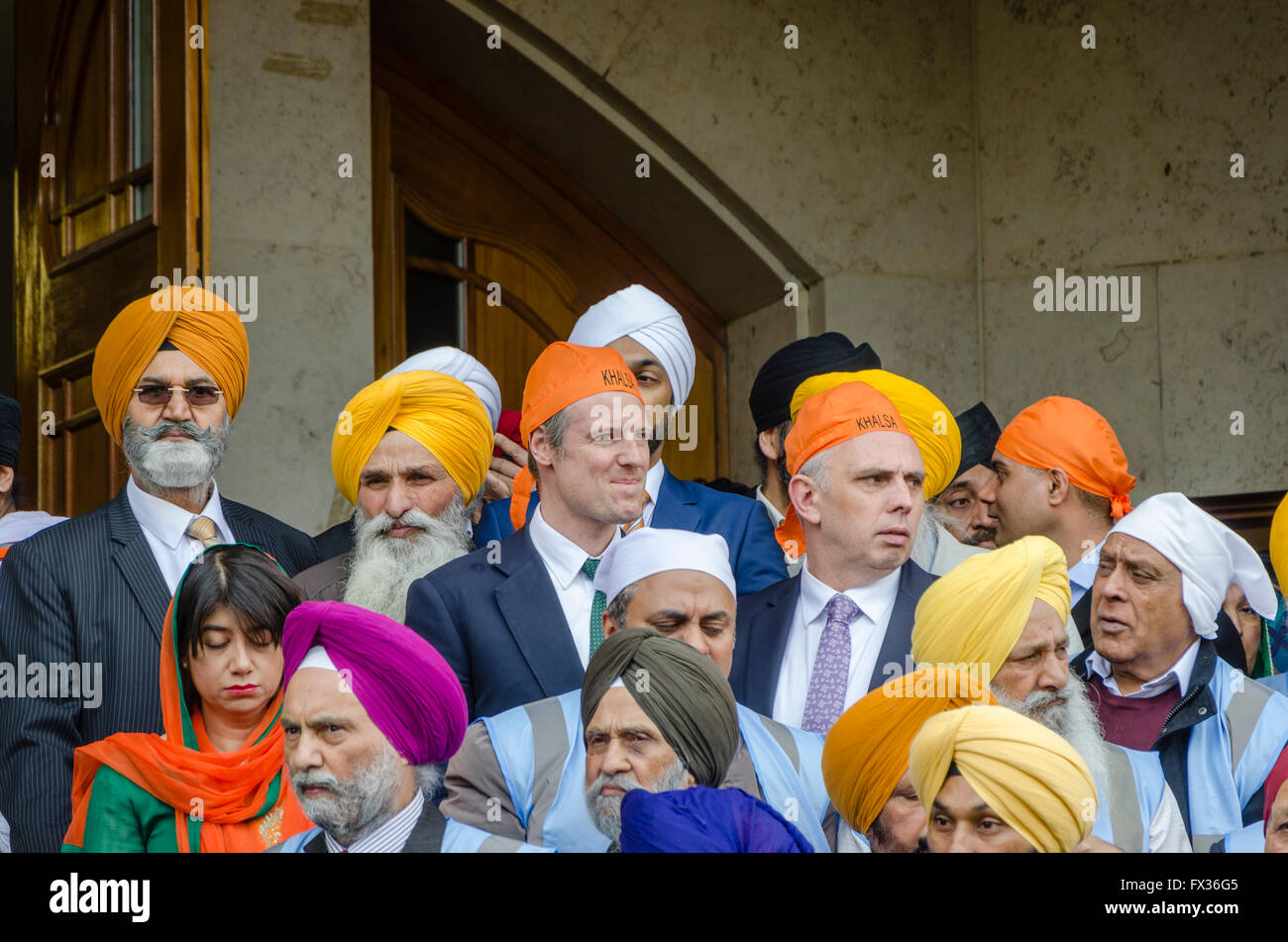 London, UK.  10 April 2016  Zac Goldsmith, Conservative candidate for Mayor of London, visits Southall and the Gurdwara Sri Guru Singh Sabha temple at the start of the Vaisakhi festival in Southall, west London. Tens of thousands of people took part in the procession from the Sri Guru Singh Sabha Gurdwara to celebrate Vaisakhi, the harvest festival.  Credit:  Ilyas Ayub/ Alamy Live News Stock Photo