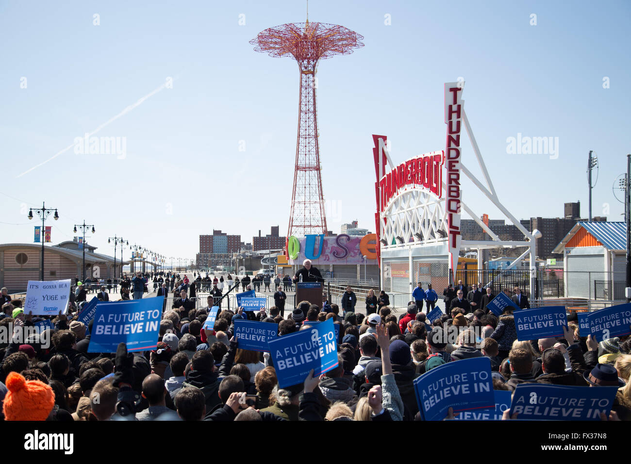 Coney Island, New York, USA. 10th April, 2016. BERNIE SANDERS at a campaign rally in Coney Island Credit:  Louise Wateridge/ZUMA Wire/Alamy Live News Stock Photo