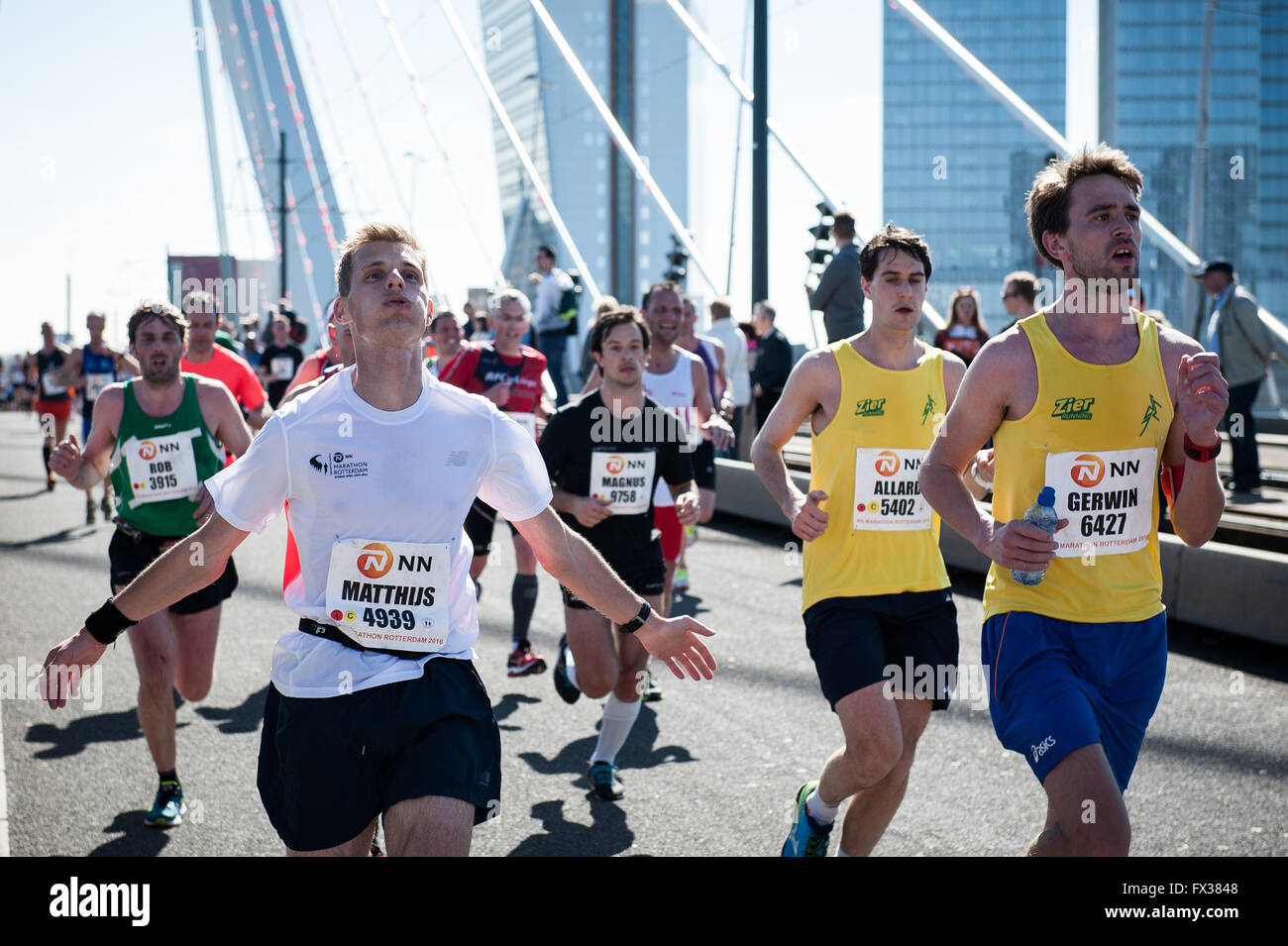 Rotterdam, The Netherlands. 10th Apr, 2016. Participants run on the Erasmus bridge during the Rotterdam Marathon, Kenyan Marius Kipserem won the race in personal best 2 hours, 06 minutes and 10 seconds edging out last year's winner Ethiopian Solomon Deksisa. In the women’s contest, Sutume Asefa Kebede went out fast, covering the first 5km in 16:53, a massive 46 seconds ahead of her pursuers and on 2:18 pace. But disaster struck the leader after 30km when she was hit with stitch. Credit:  Romy Arroyo Fernandez/Alamy Live News Stock Photo
