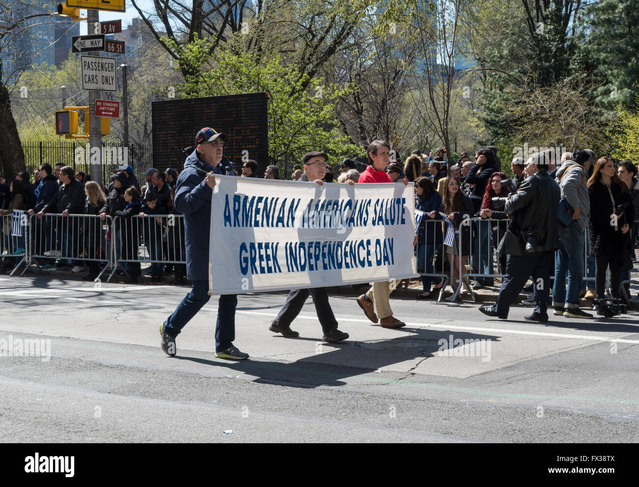 Armenian Americans marching with a banner in the 2016 New York Greek Parade Stock Photo