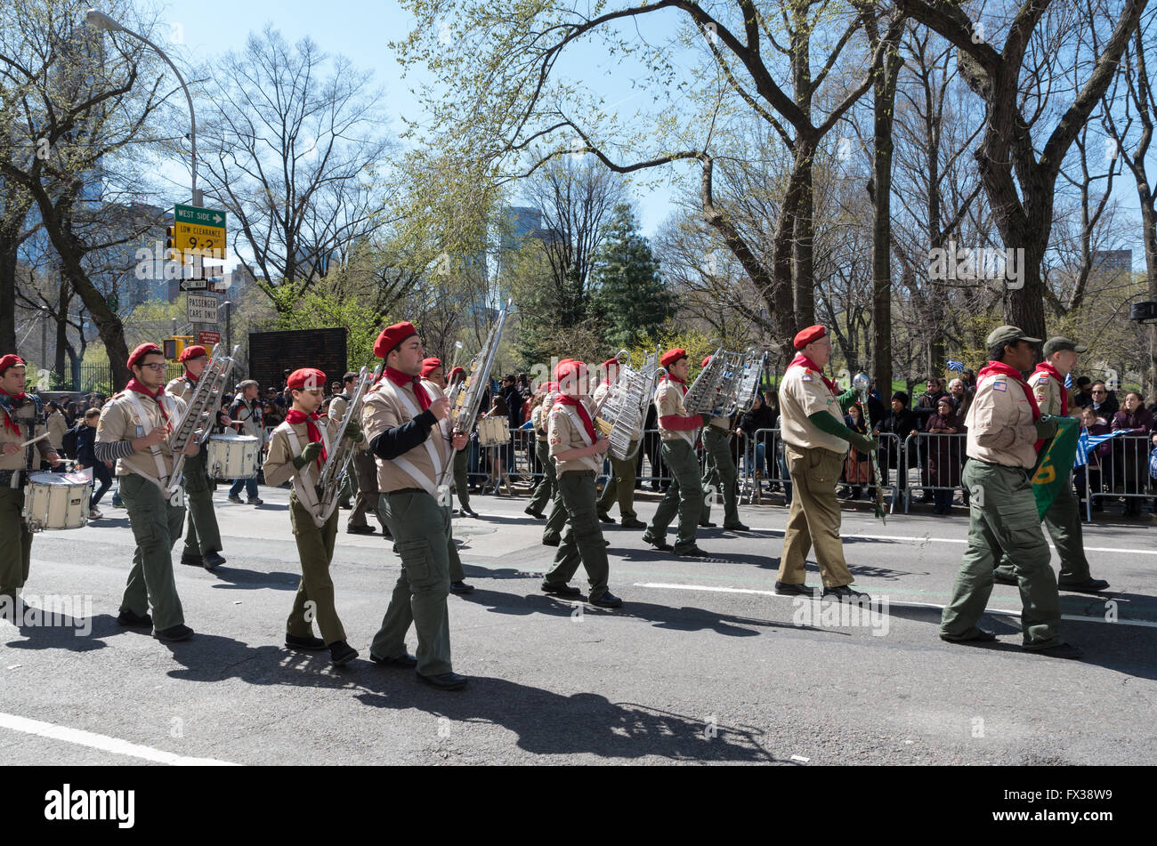 Scout band marching in the 2016 New York Greek Parade Stock Photo