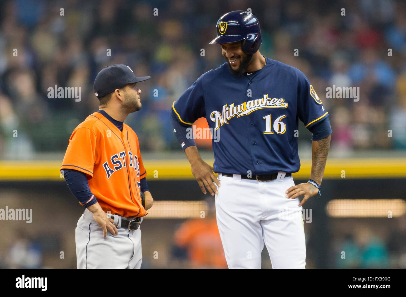 Milwaukee, WI, USA. 10th Apr, 2016. Barrelman waves to fans on the top of  dugout prior to the Major League Baseball game between the Milwaukee Brewers  and the Houston Astros at Miller