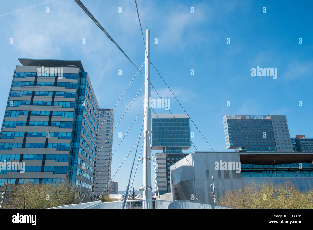 Support for pedestrian bridge over,expressway in Diagonal Mar,next to CCIB Convention Centre,Barcelona,Catalonia,Spain,Europe. Stock Photo