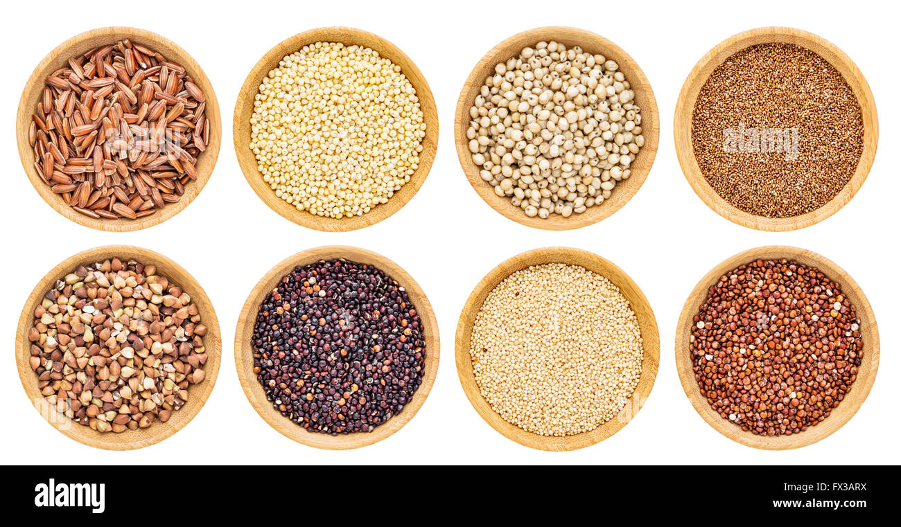 gluten free grains collection buckwheat, amaranth, brown rice, millet