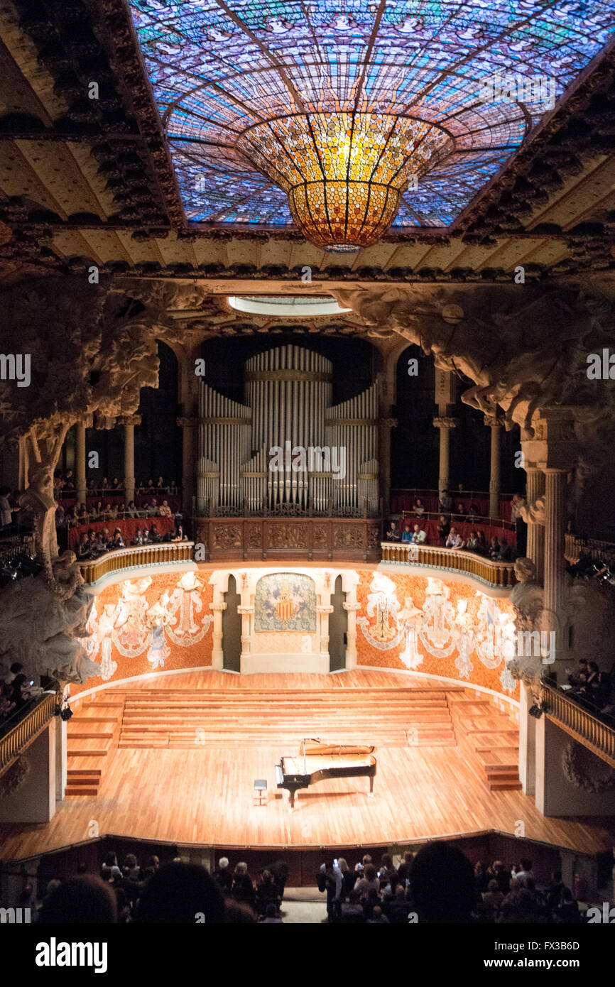Interior,inside of Palau de la Musica Catalana,Palace of Catalan Music,during piano performance Barcelona,Catalonia,Spain,Europe Stock Photo