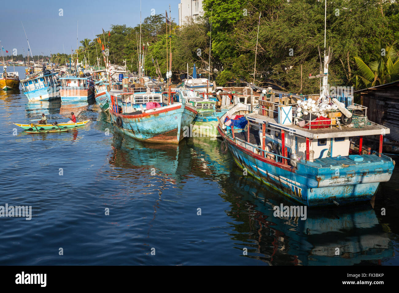 Fishing boats at the Dutch Canal Lagoon, Negombo, Western Province, Ceylon, Sri Lanka Stock