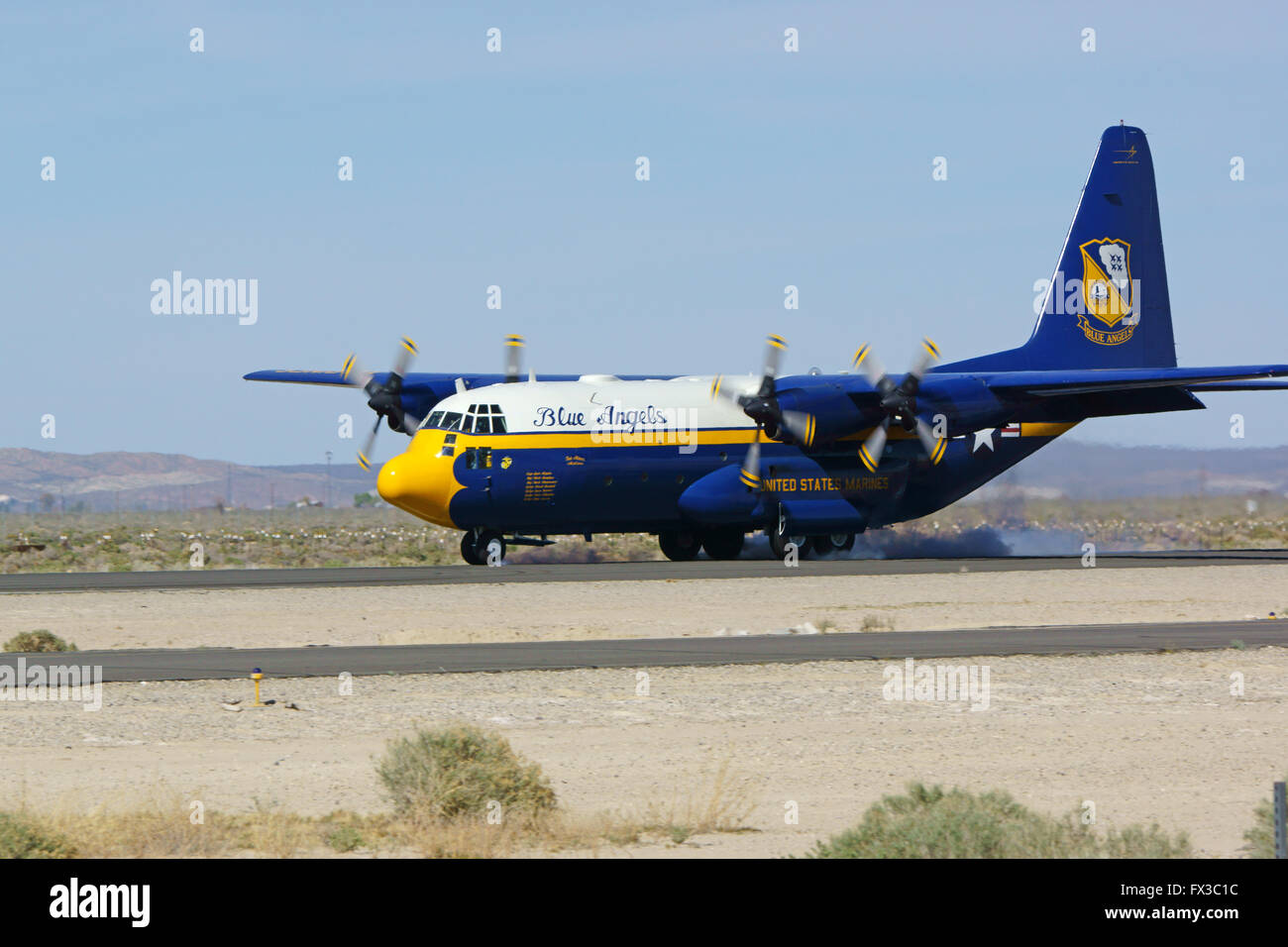 Airplane Blue Angels C-130 Fat Albert landing at 2015 Los Angeles Air Show in California Stock Photo