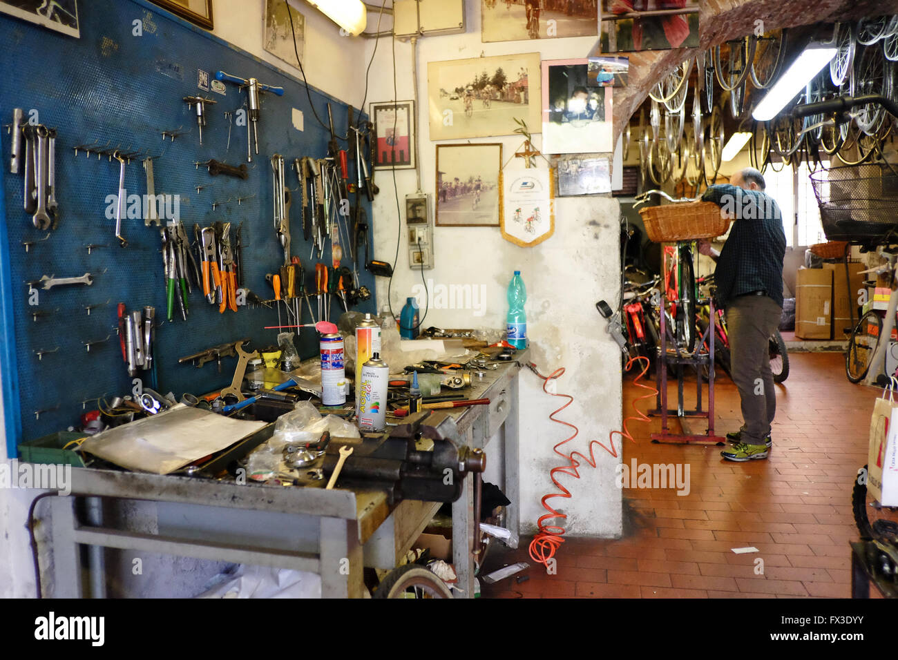 Interior of the cycle workshop of Poli in Lucca, Tuscany. Italy. Showing work bench and tools, mechanic and various memorabilia Stock Photo