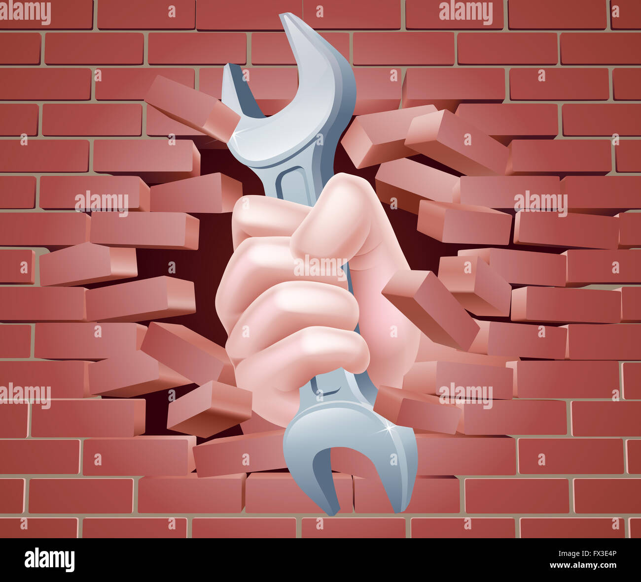Conceptual illustration of a hand holding a spanner breaking through a brick wall Stock Photo