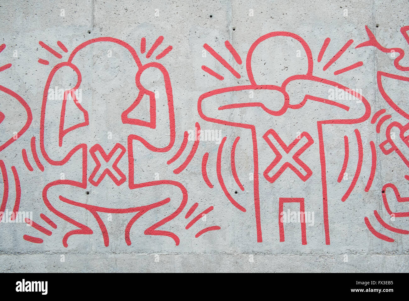 New Keith Haring mural against AIDS(SIDA),next to MACBA,Barcelona,Catalonia,Spain,Europe. Stock Photo