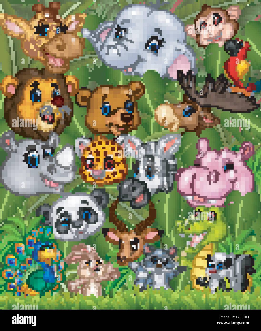 Cartoon safari animals with forest background Stock Vector