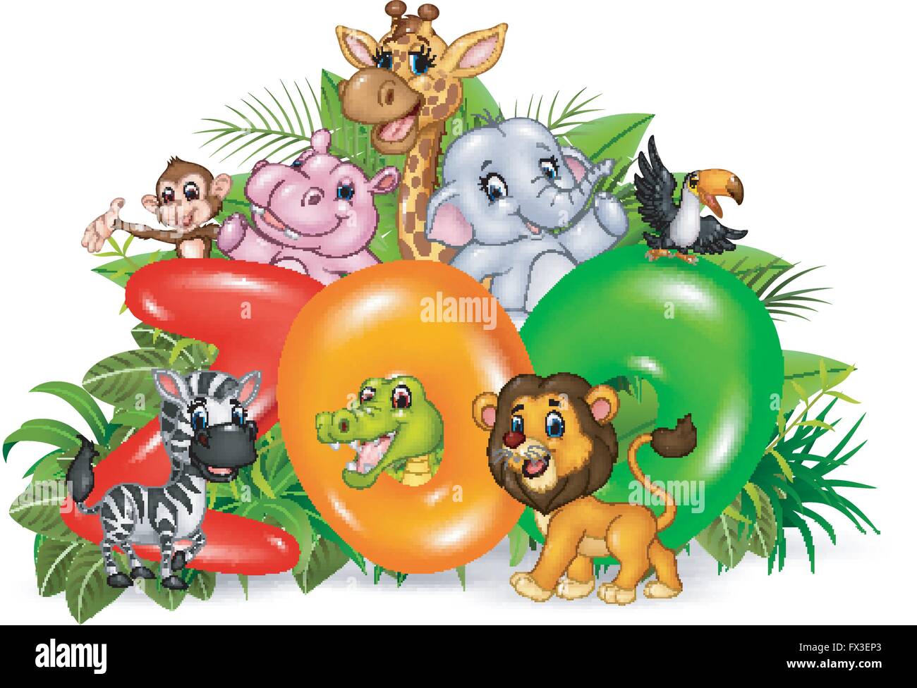 Illustration of Word zoo with cartoon wild animal Stock Vector