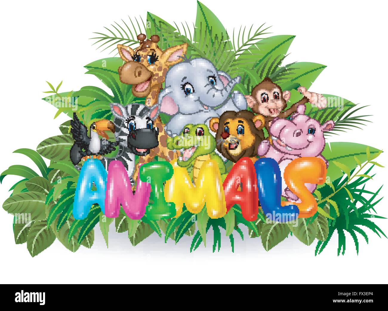 Illustration of Word animal with cartoon wild animal Stock Vector