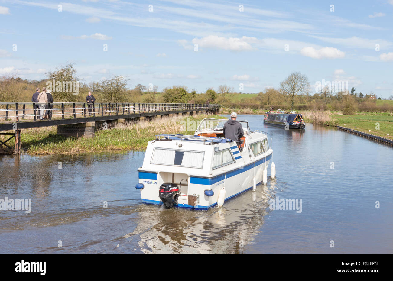 Cruising at Alrewas on the Trent and Mersey Canal (River Trent section), Staffordshire, England, UK Stock Photo