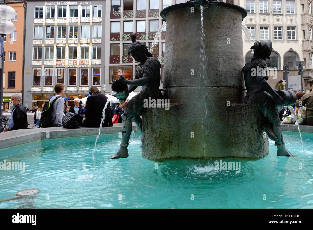 The Fischbrunnen Fountain in Marienplatz, Munich, Bavaria, Germany, Europe. Stock Photo
