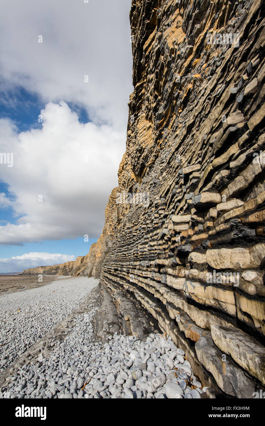 Horizontal strata of Jurassic Lias limestone beds in cliffs at Nash