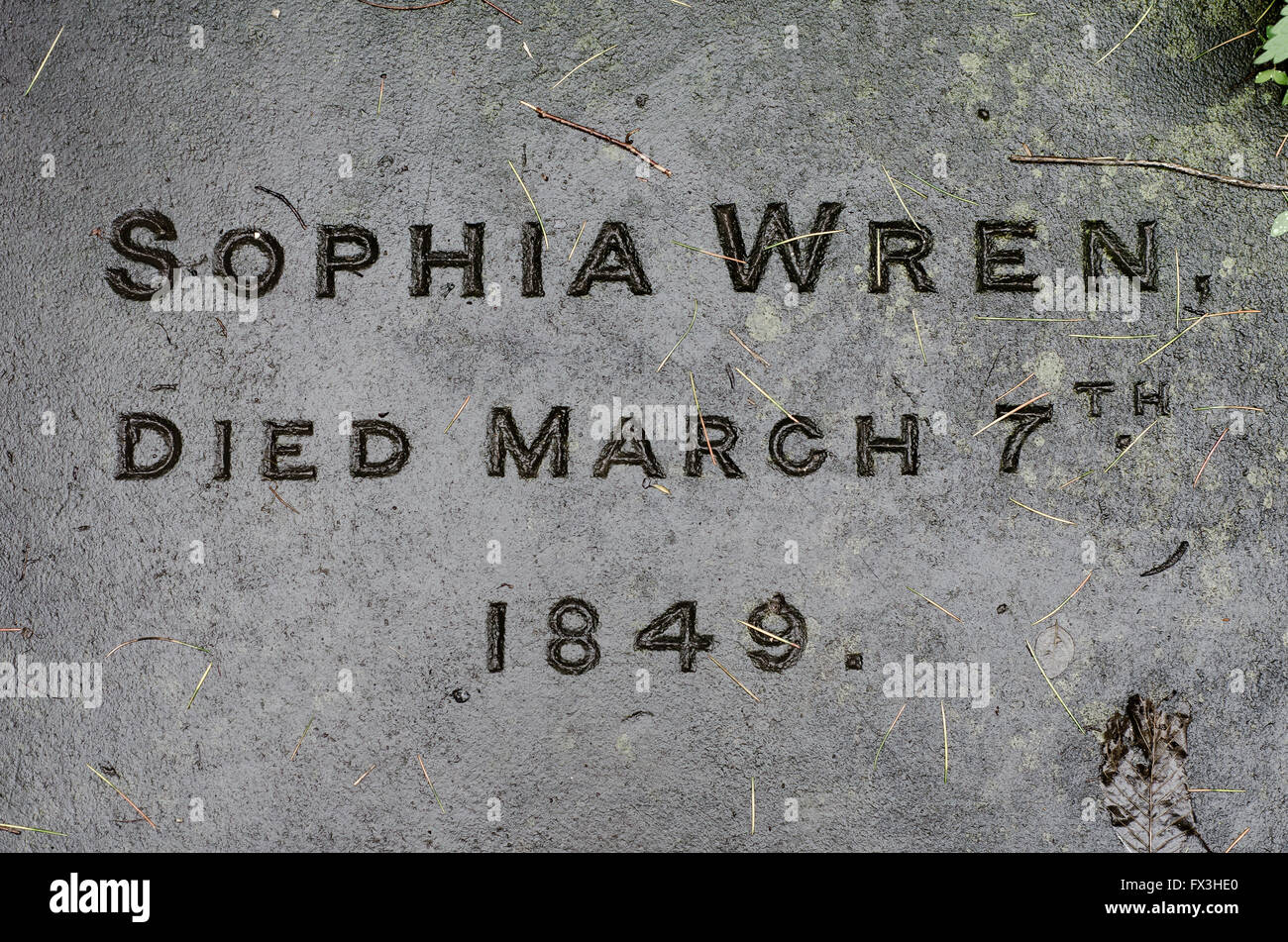 Sophia Wren's gravestone. Name and date of death of the great granddaughter of Sir Christopher Wren, in churchyard in Bath, UK Stock Photo