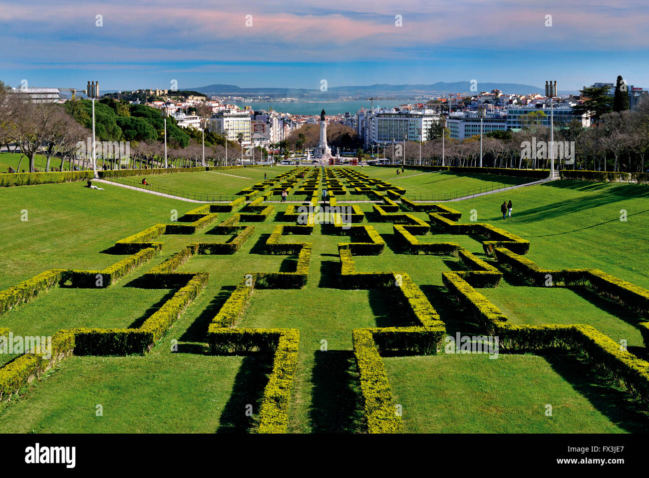 Portugal, Lisbon: Viewpoint at Park Eduardo VII with river Tagus at end Stock Photo