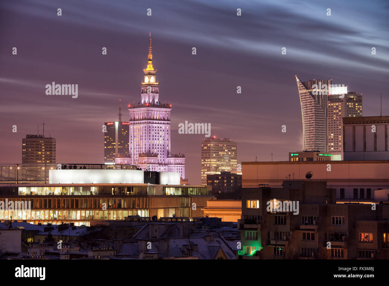 City of Warsaw skyline at twilight in Poland with Palace of Culture and ...