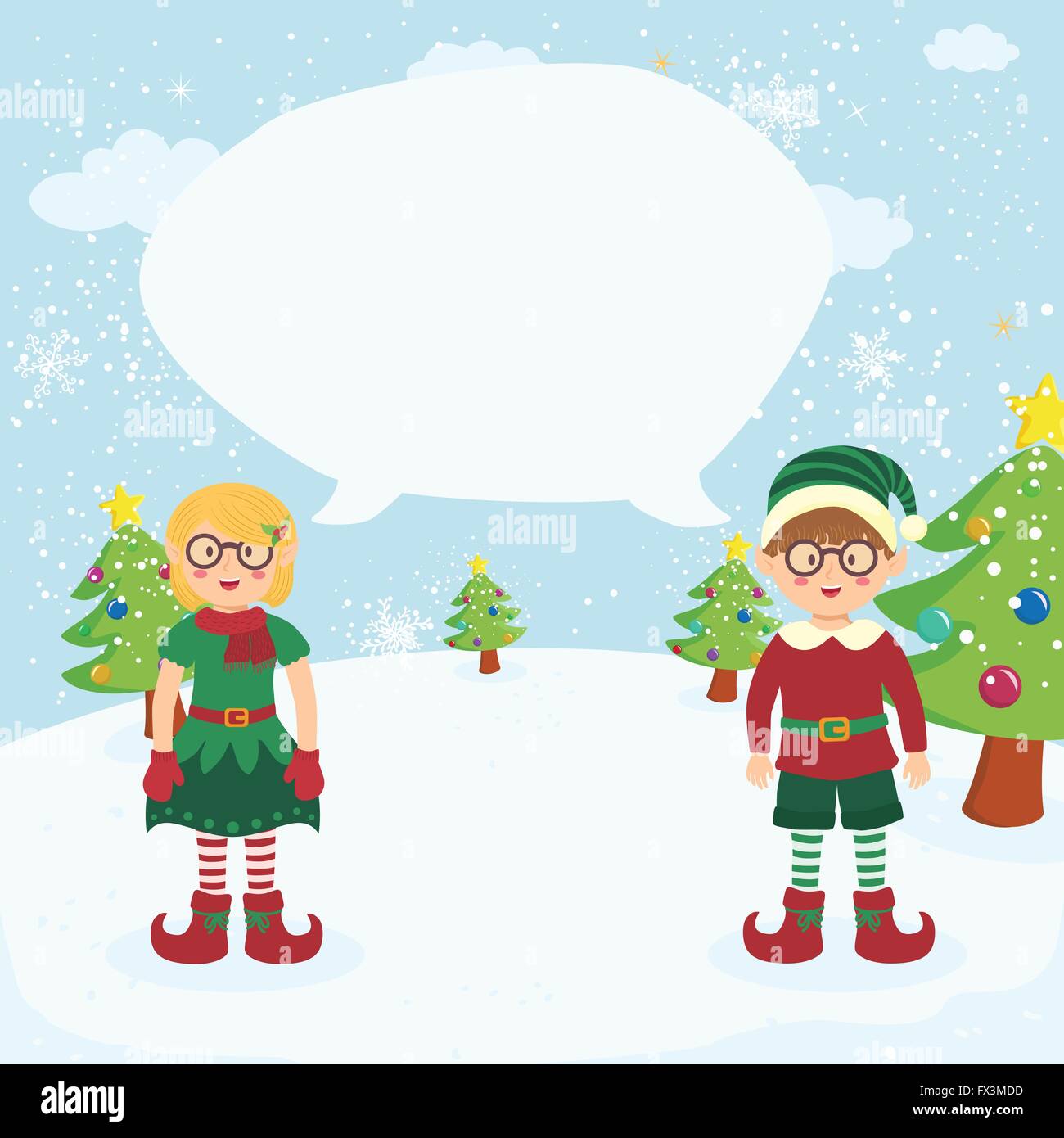Bubble Speech Christmas Elves Glasses Couple Stock Vector