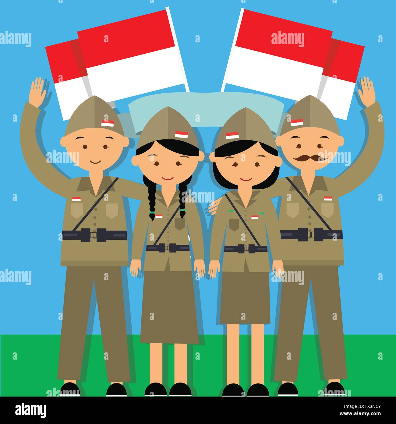 independence day hari pahlawan 17 agustus 1945 veteran indonesia fighter merdeka man and mowan in military uniform Stock Vector