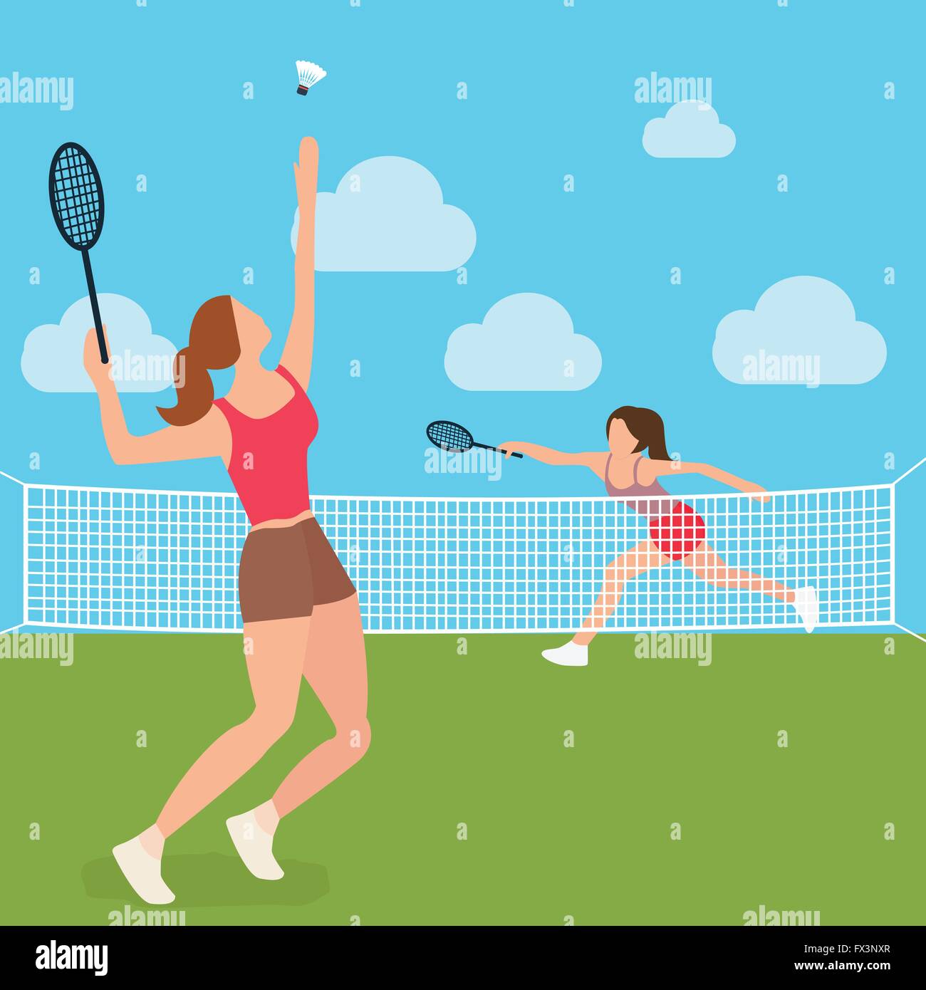 woman girls play tennis badminton racket court Stock Vector