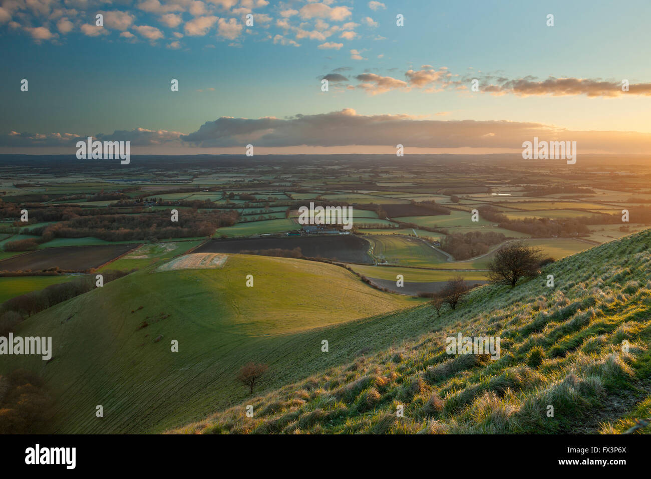 Sunrise in South Downs National Park near Alciston, East Sussex, England. Stock Photo