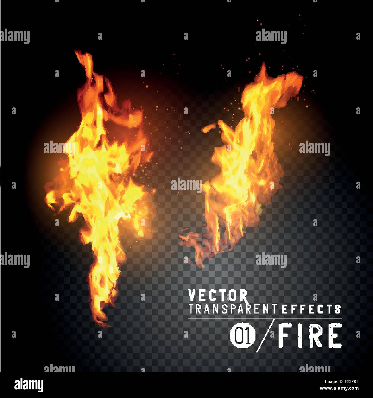 Realistic Vector Fire Flames. Transparent vector effects.  Flames with sparks. Vector illustration. Stock Vector