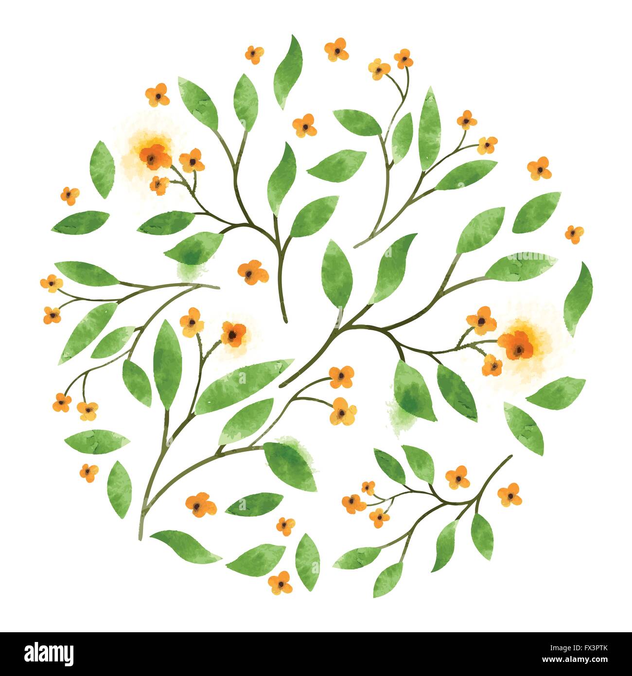 Floral Vector Watercolour. Leaves and branches with orange flowers. Vector illustration Stock Vector
