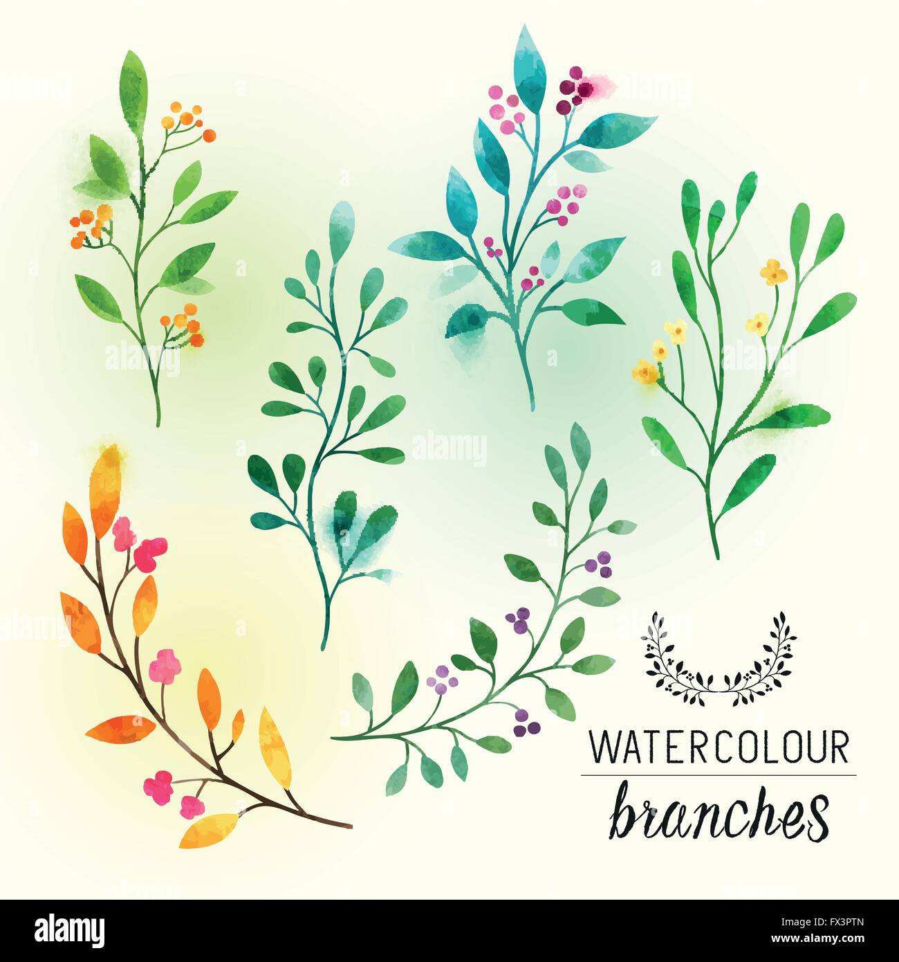 watercolour Floral Branches. Textured floral elements with pink berries. Vector illustration. Stock Vector