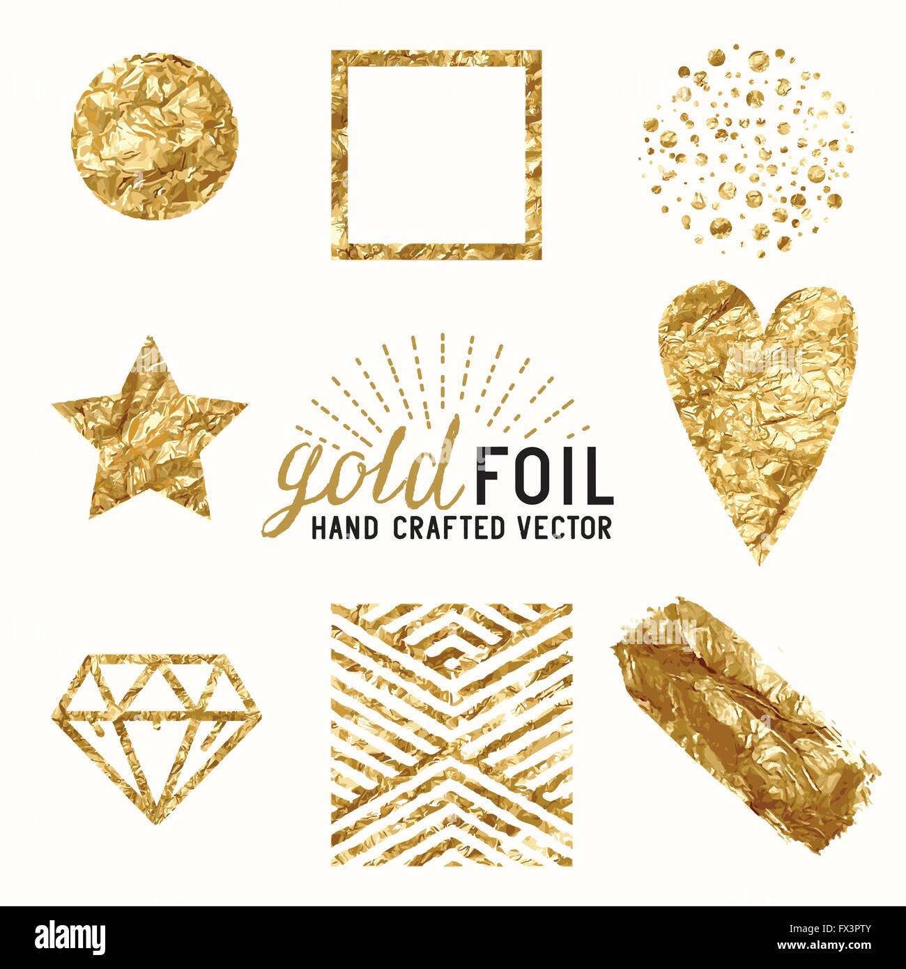 Vector Gold Foil Effect Set. A collection of gold foil items including gold dust, gold foil wrap, gold dots and patterns. Vector Stock Vector